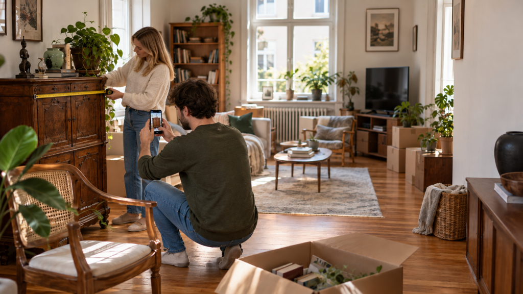 Privatpersonen messen einen Holzschrank und fotografieren ihn mit dem Smartphone für die Kostenberechnung einer Haushaltsauflösung